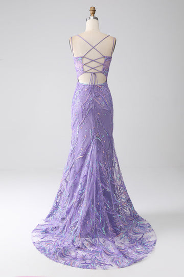 Mermaid Lace-Up Back Lilac Paillettes Prom Dress con fessura